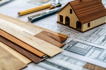 Desk with architectural plans, model house and wood veneer samples, illustrating detailed project planning and client collaboration
